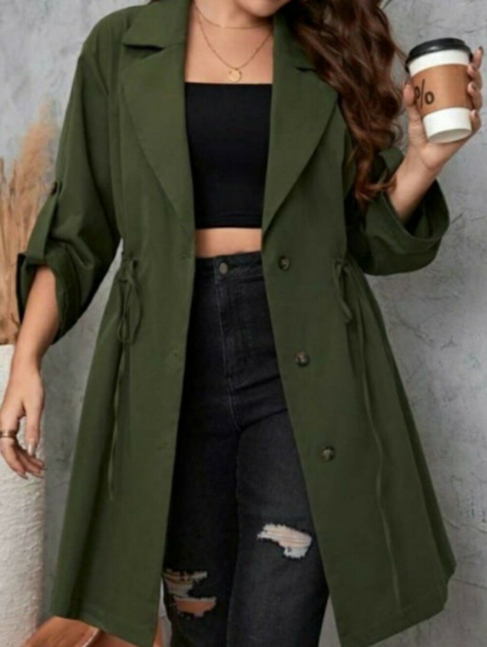 Olive Army Green Women's Drawstring Waist Trench Dress, 2X